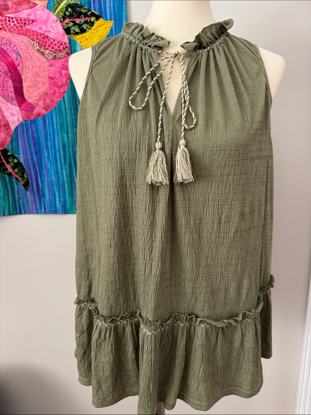 Max Studio Sage Green Tassel Peasant Top New L